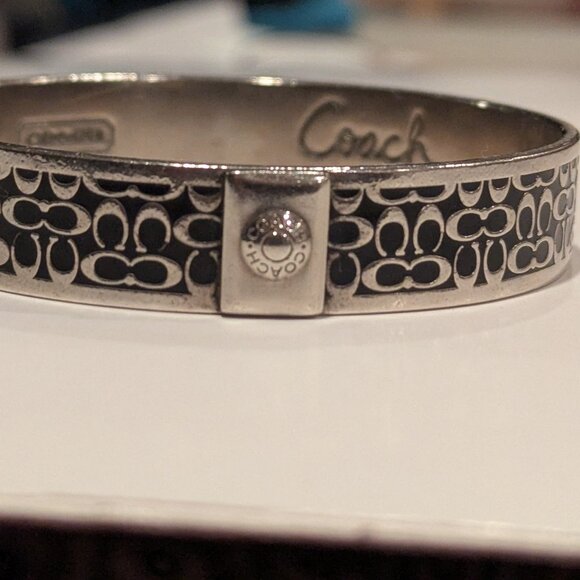 Authentic Coach Silver Tone Black C Signature 1/2 inch Bangle Bracelet - Picture 2 of 8